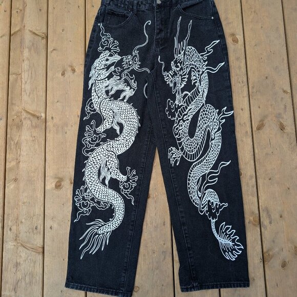 Y2K Aesthetic Black Denim Wide Leg Jeans with White Dragon Graphic Print - Picture 1 of 7